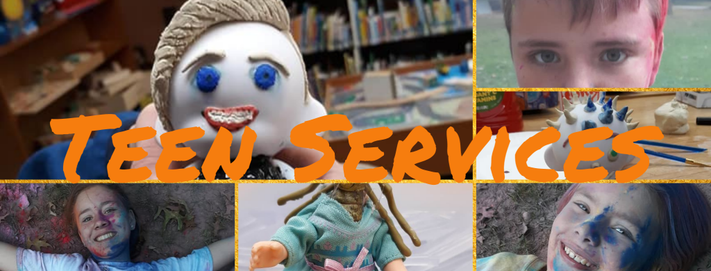 Header for teen services of collage of teens showing activities they have participated in in the past: powder paint tag, Frankentoys, and DIY Funko Pops. 