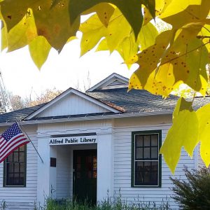Photo of library with yellow fall leaves.